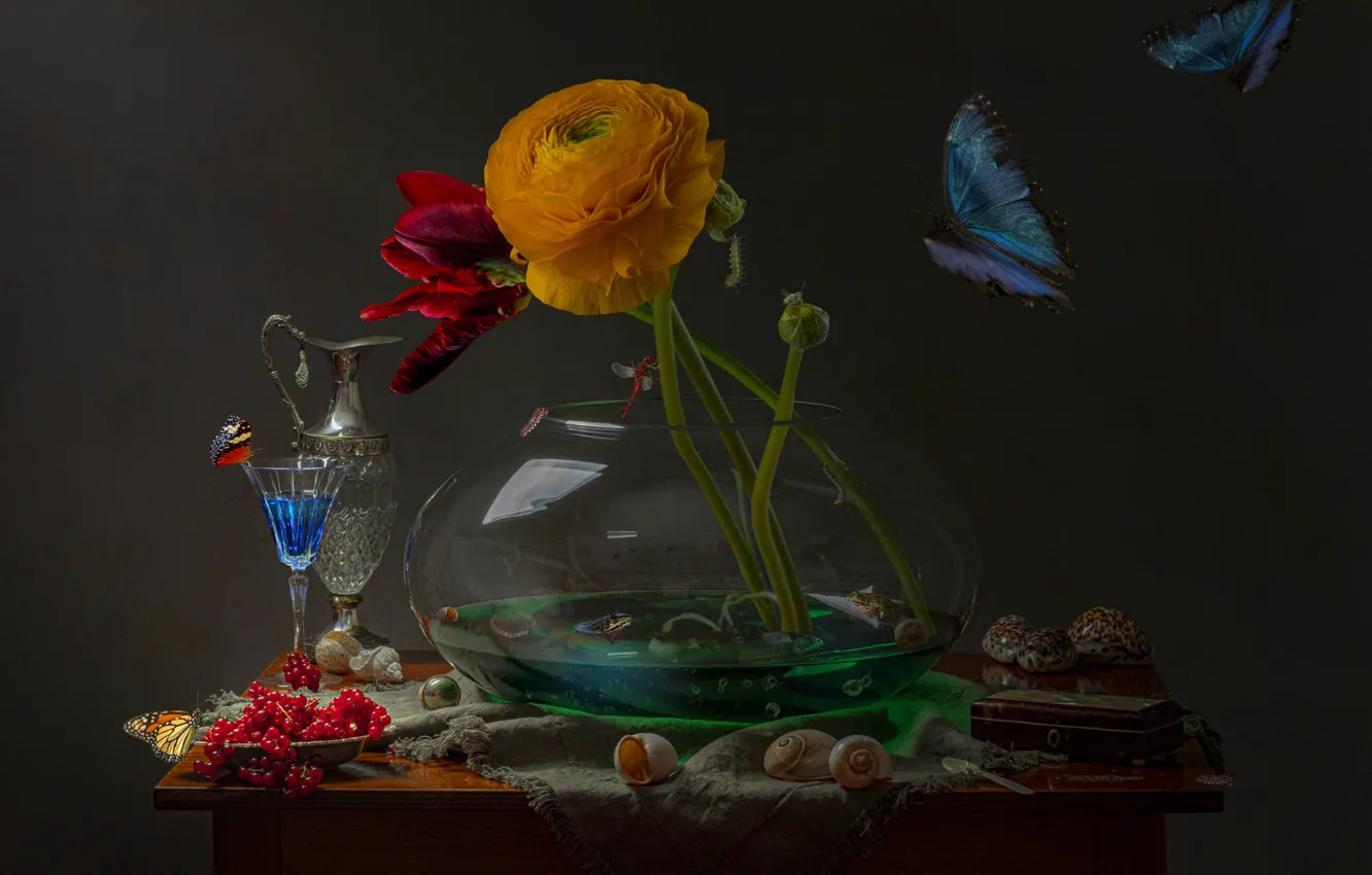 Photo wallpaper flowers, red, butterfly, aquarium, bouquet, tulips, still life, currants