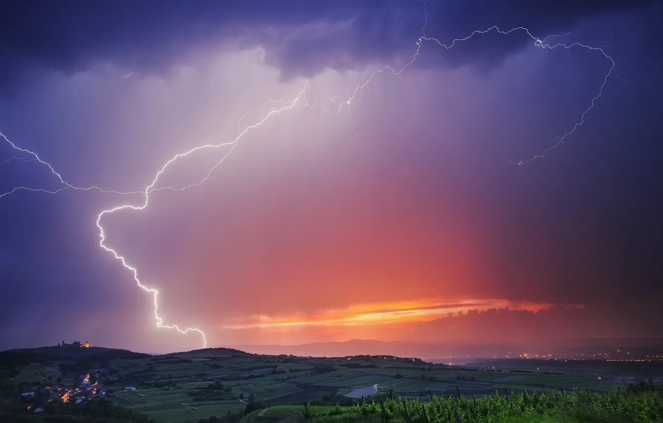 Photo wallpaper the sky, clouds, clouds, zipper, lightning, the evening, valley, Spain