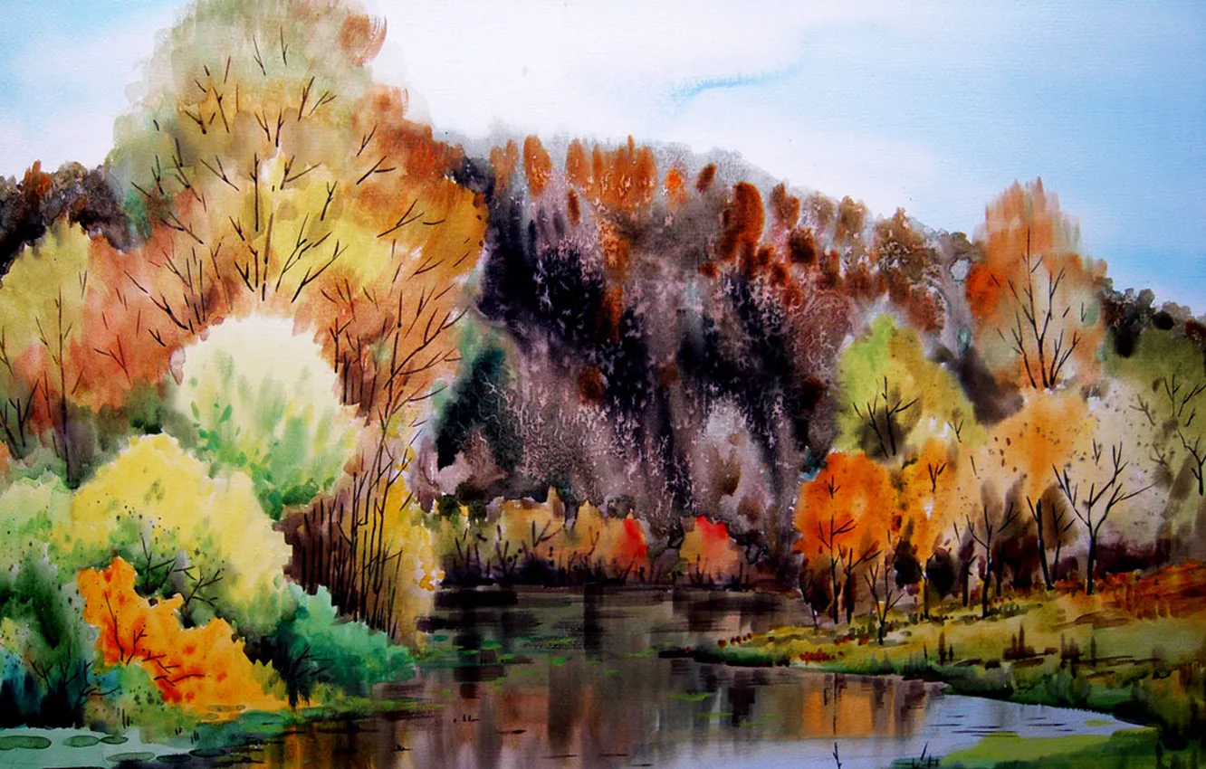 Photo wallpaper river, landscape, tree, Water color painting