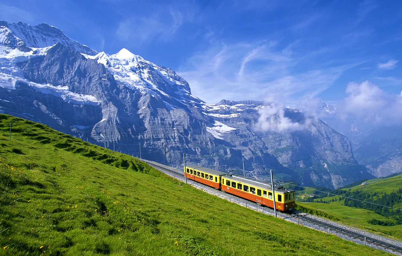 Photo wallpaper mountains, Alps, the car, railroad