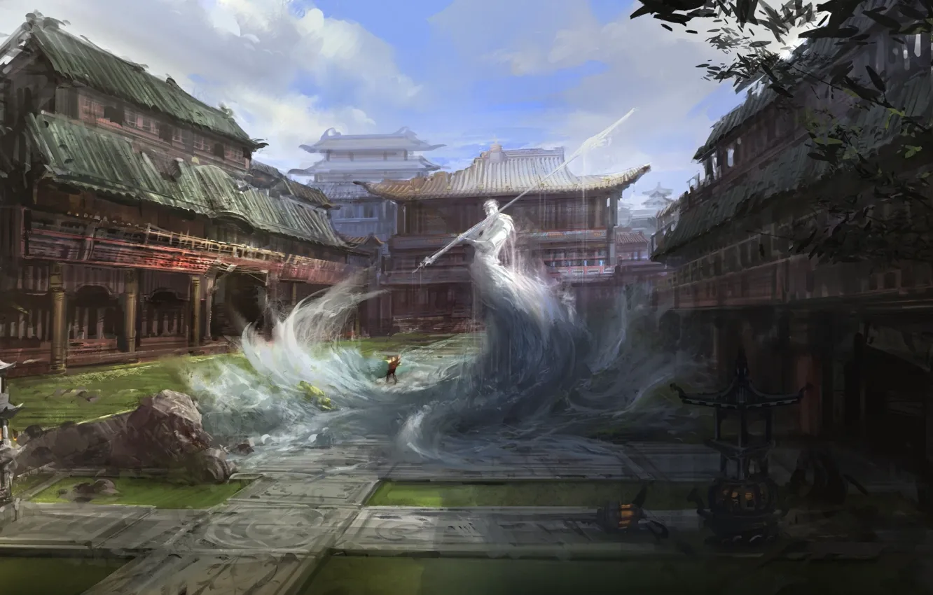 Photo wallpaper spirit, warrior, art, the air, temple, East, spear, ruins