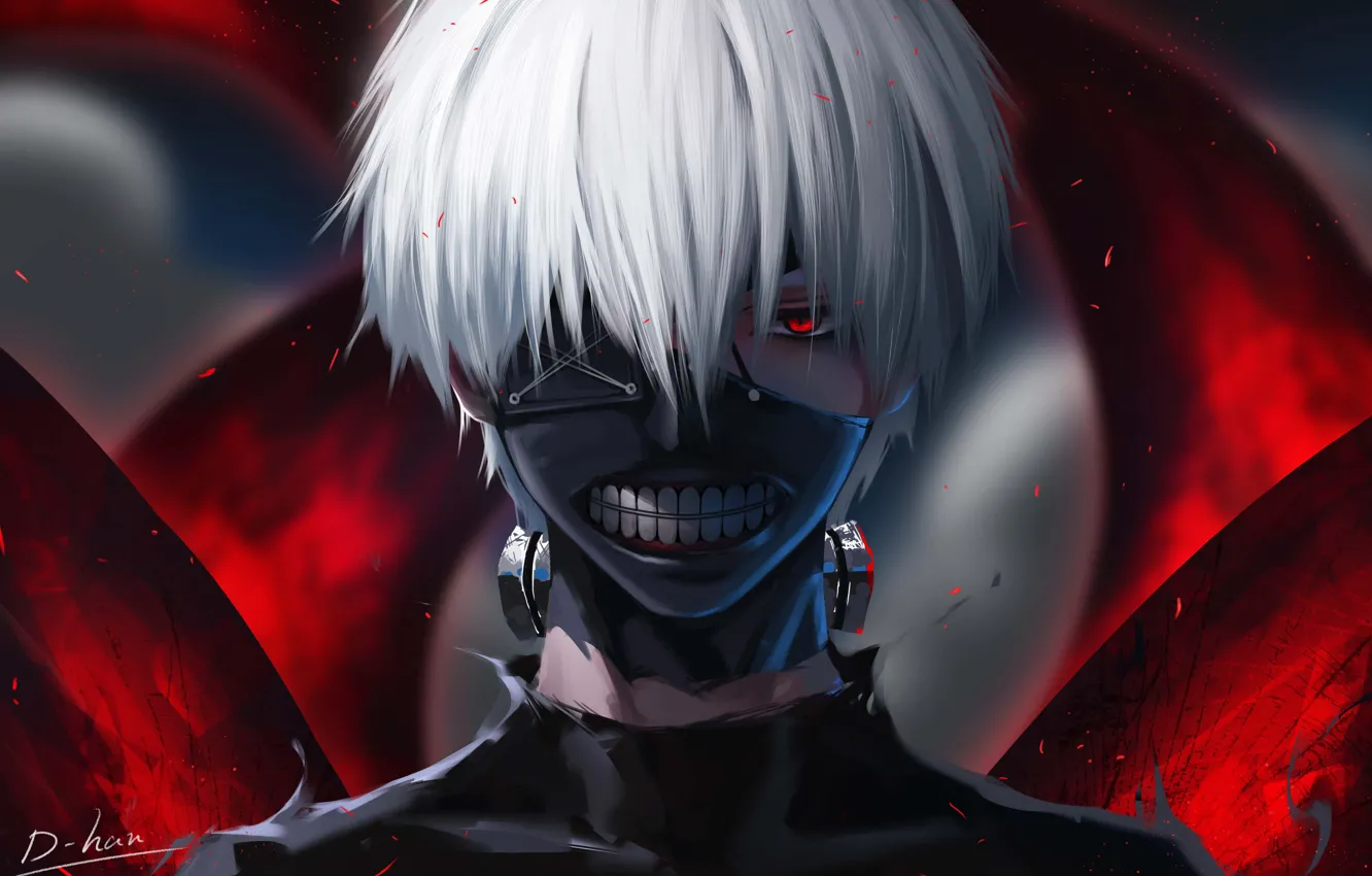 Photo wallpaper fantasy, anime, red eyes, digital art, artwork, mask, fantasy art, white hair