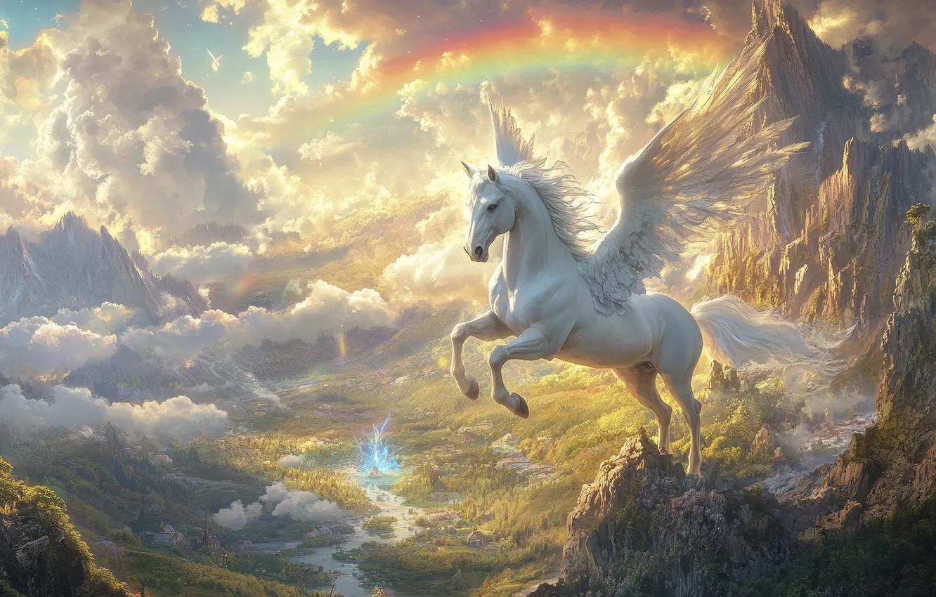 Photo wallpaper white, the sky, flight, mountains, fog, rocks, horse, dawn