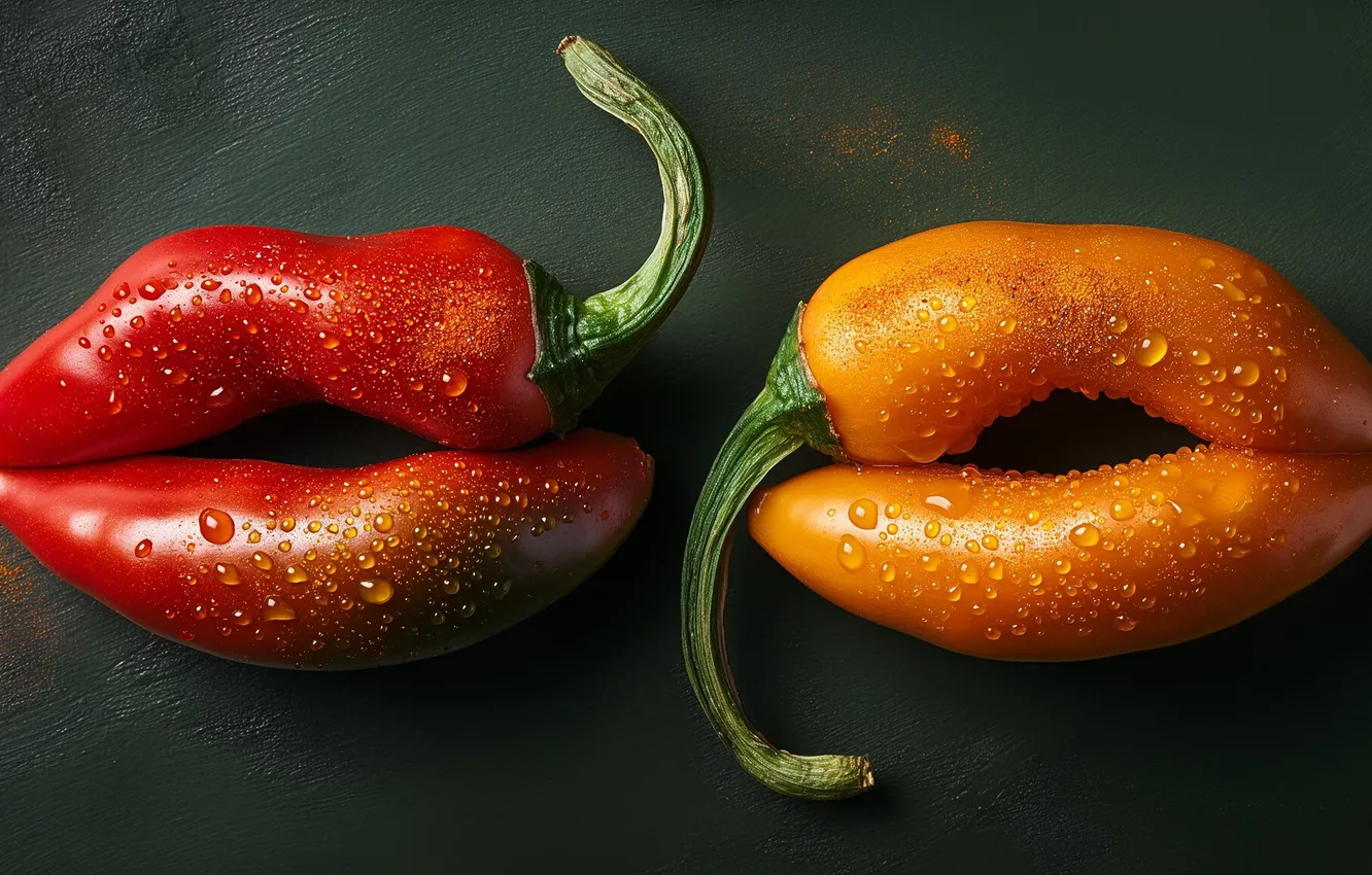 Photo wallpaper drops, yellow, red, lips, pepper, hot pepper, green, AI art