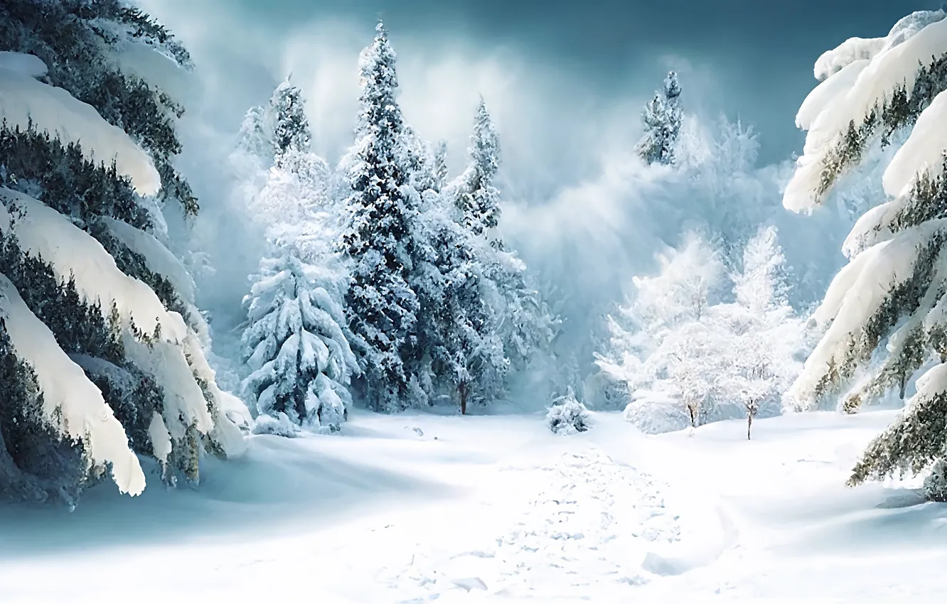 Photo wallpaper winter, road, forest, snow, trees, landscape, nature, in the snow