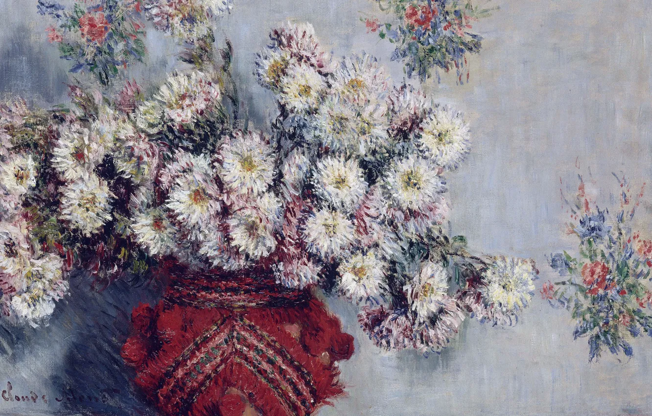 Photo wallpaper flowers, picture, still life, Claude Monet, Vase with Chrysanthemums