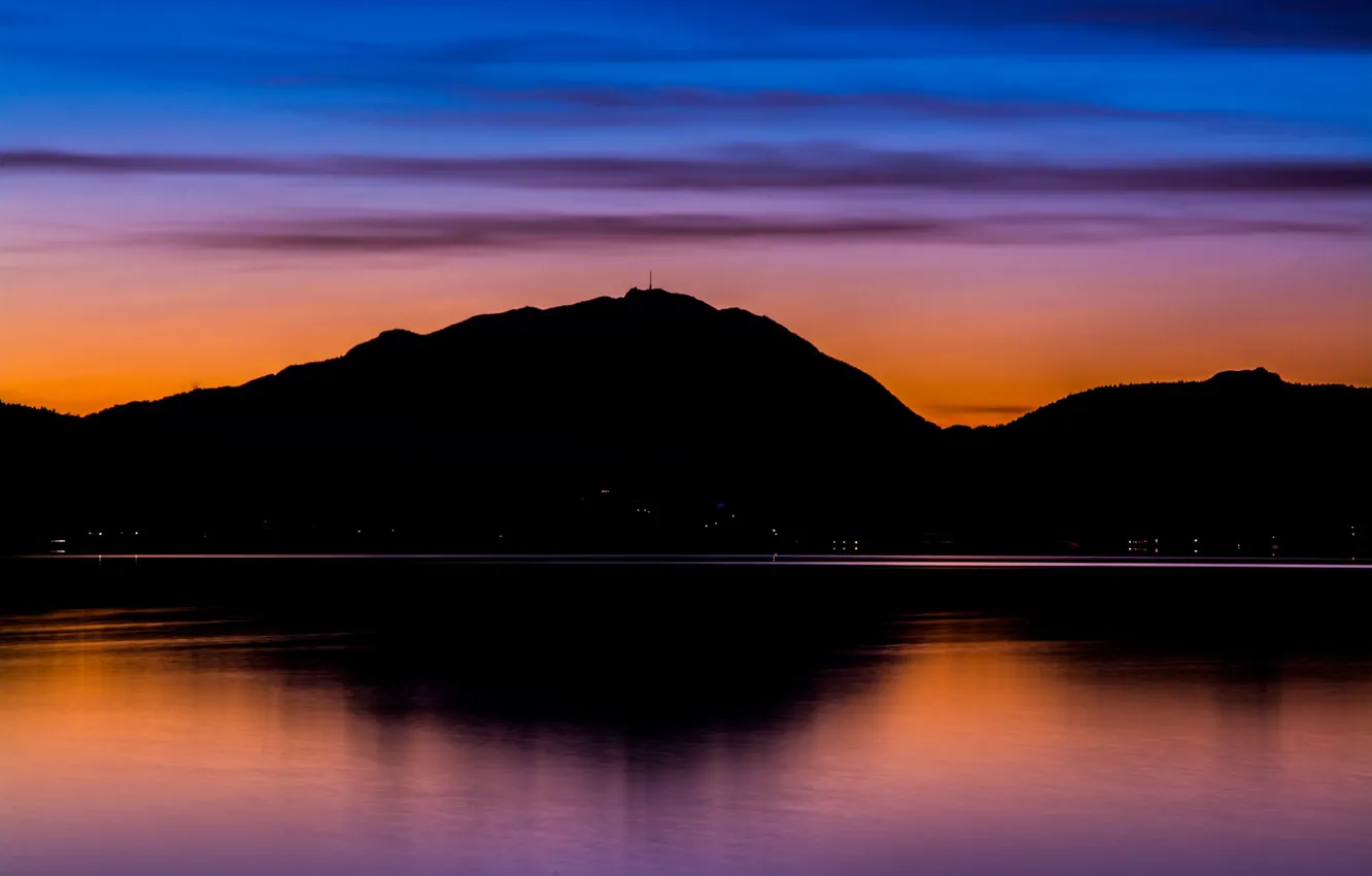 Photo wallpaper twilight, mountains, lake, evening, dusk, reflection, blue hour, antenna