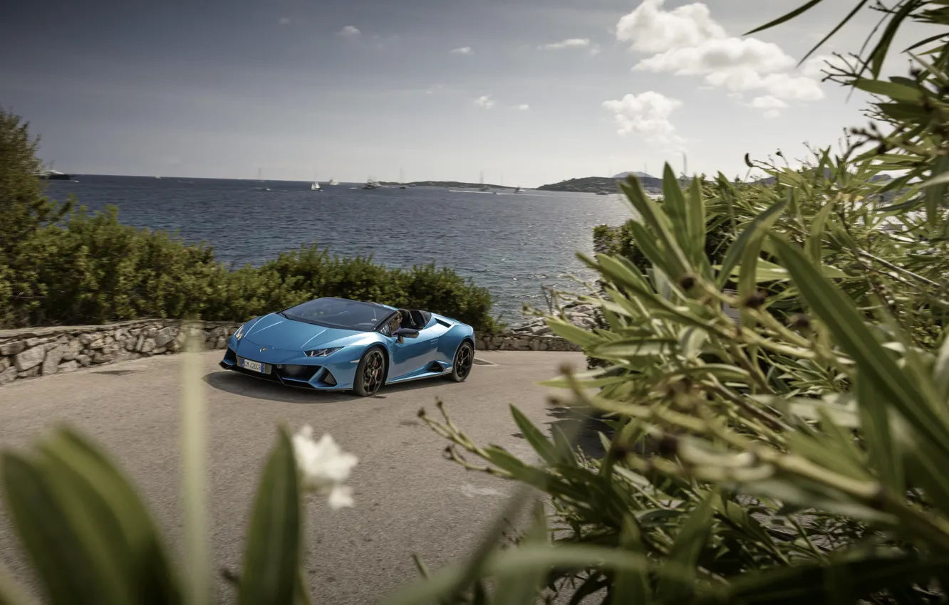 Photo wallpaper car, Lamborghini, sea, Huracan, Lamborghini Huracan EVO Spyder