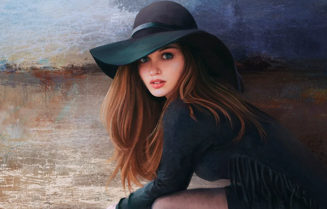 Photo wallpaper Girl, Figure, Look, Girl, Eyes, Hat, Brown hair, Art
