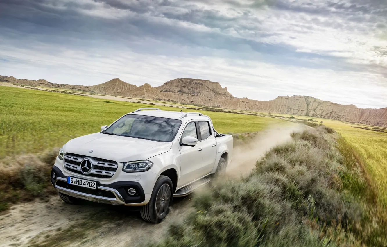 Photo wallpaper road, white, the sky, grass, clouds, mountains, vegetation, Mercedes-Benz