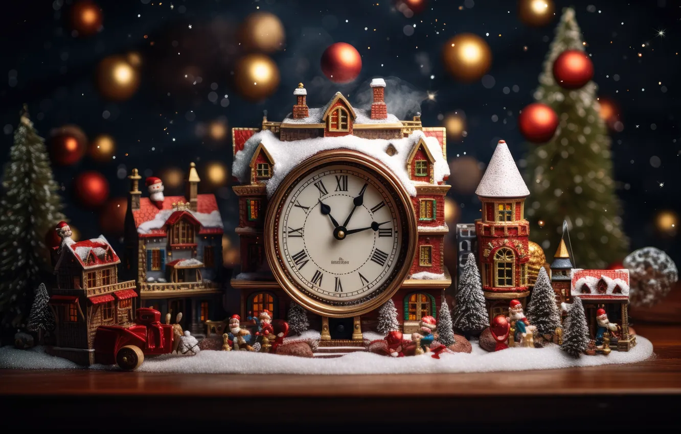 Photo wallpaper winter, balls, snow, night, time, the dark background, table, castle