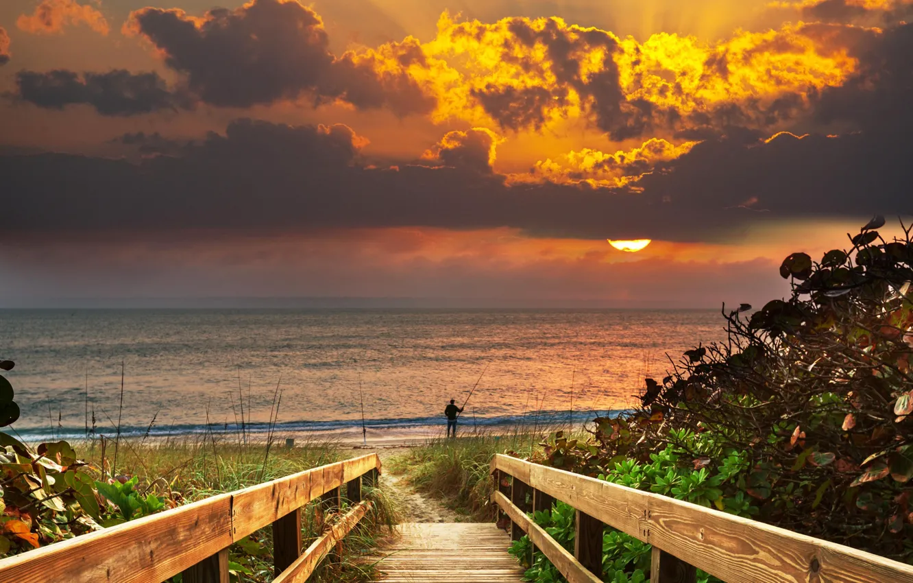 Photo wallpaper the sky, landscape, sunset, the bridge, people. rod. fishing