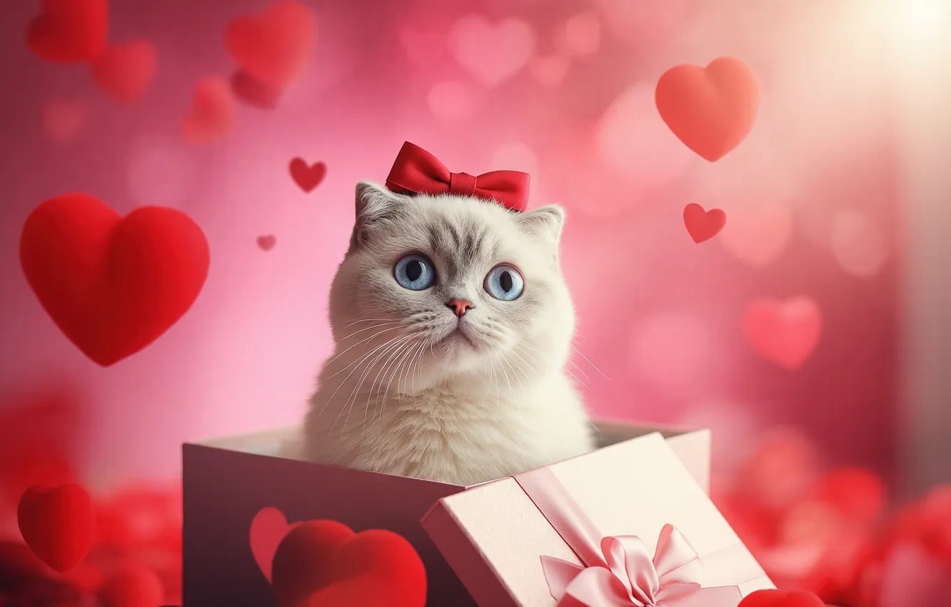 Photo wallpaper cat, look, love, holiday, box, gift, heart, pussy