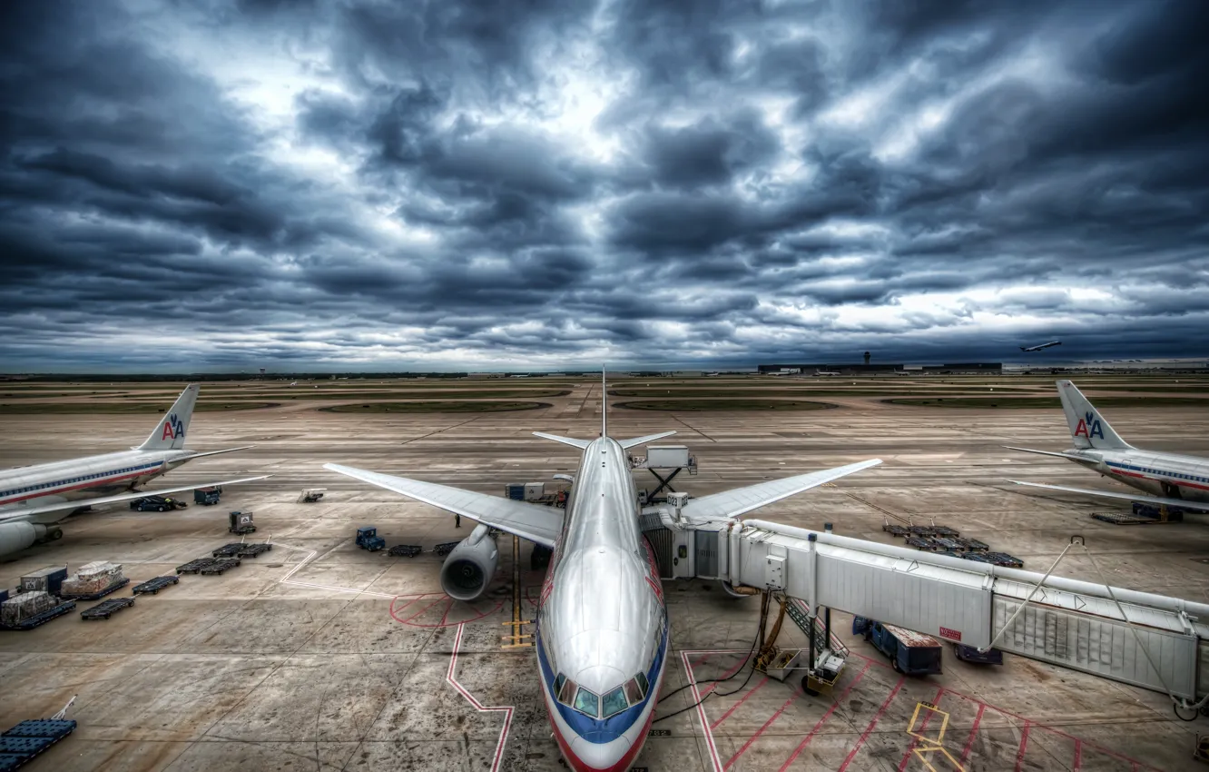 Photo wallpaper the sky, aviation, clouds, the plane, airport, stormy sky