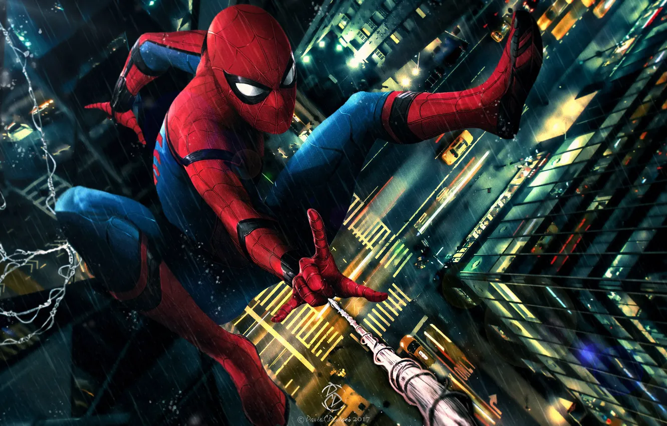 Photo wallpaper car, rain, art, New York City, Peter Parker, Spider Man, Spider Man: Homecoming