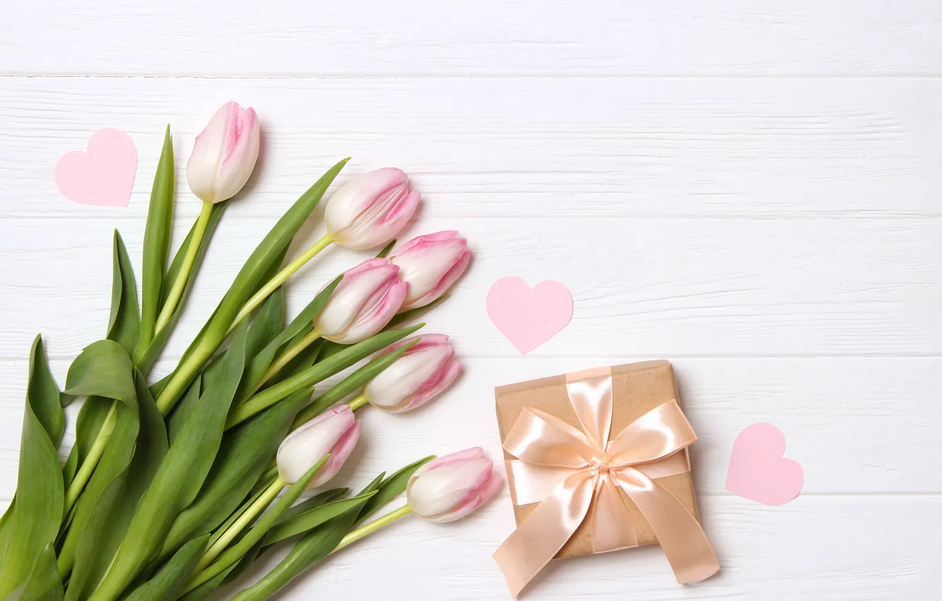 Photo wallpaper flowers, gift, bouquet, tulips, pink, heart, wood, pink