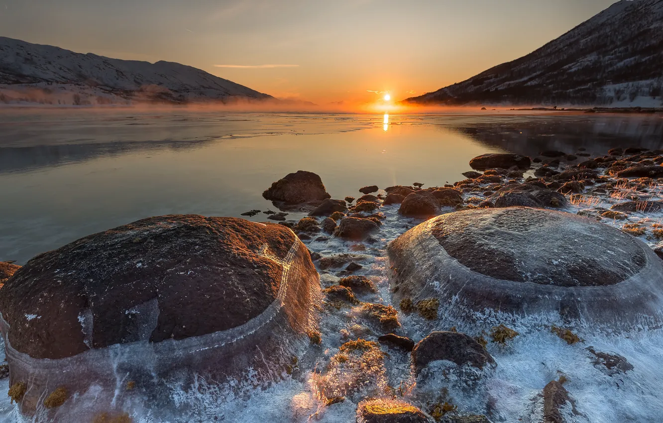 Photo wallpaper the sky, the sun, sunset, stones, pond
