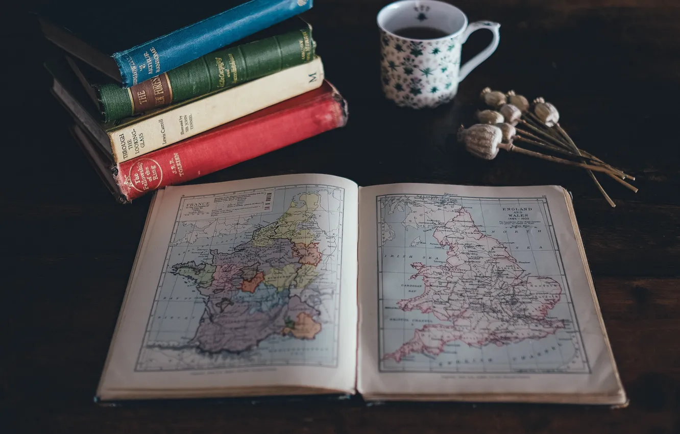 Photo wallpaper wallpaper, macro, cup, map, drink, books, 4k uhd background, poppy seeds