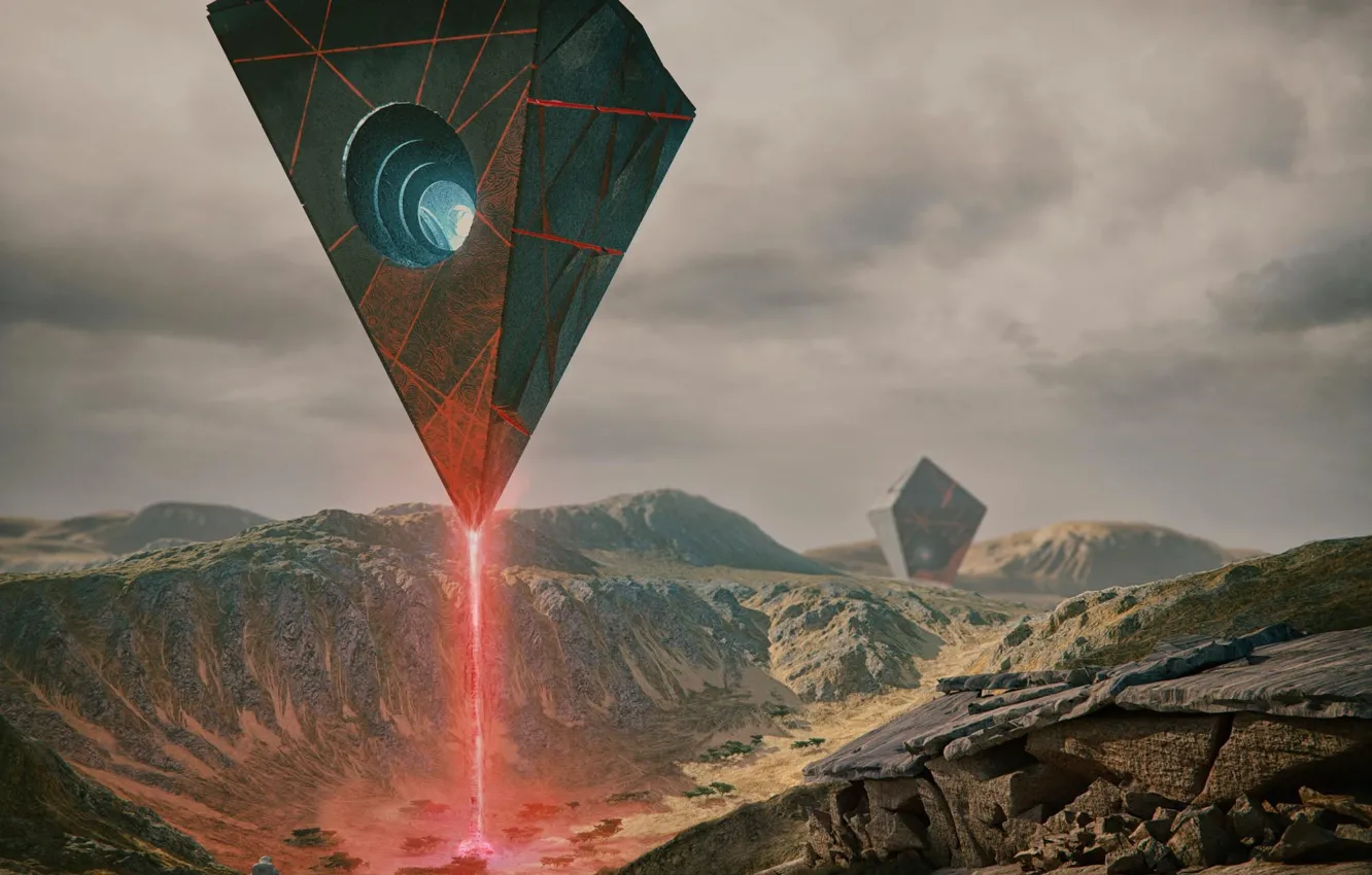 Photo wallpaper rays, mountains, flying objects, A . R . R . I . V . E …