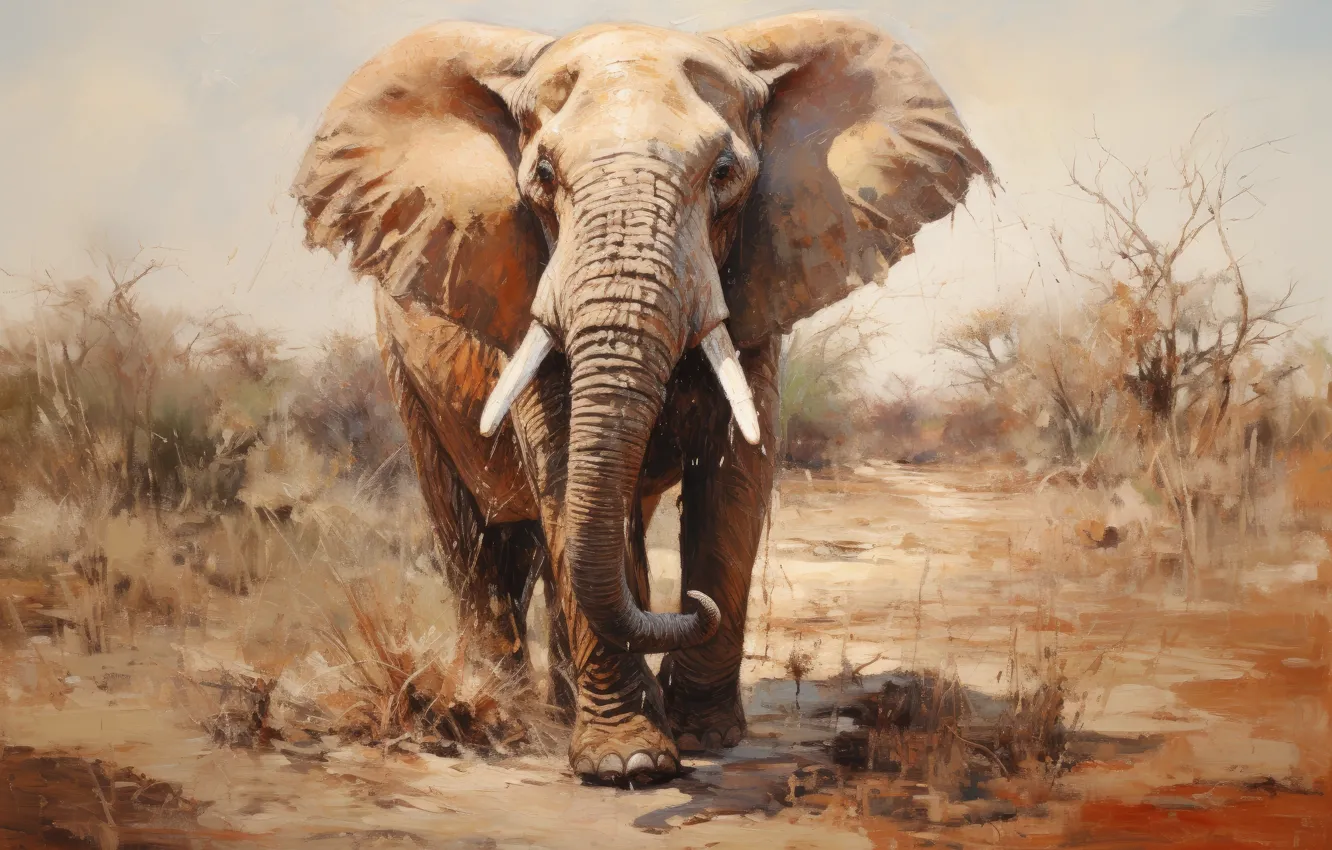 Photo wallpaper field, the sky, look, face, light, branches, nature, elephant