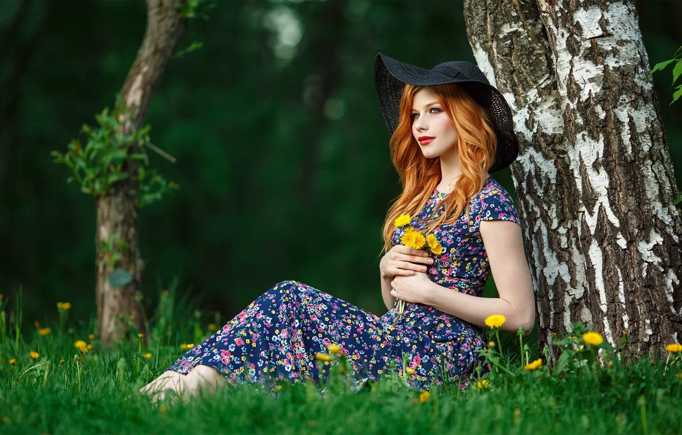 Photo wallpaper girl, trees, hat, dress, red, Anastasia Zhilina, Alexander Chuprina
