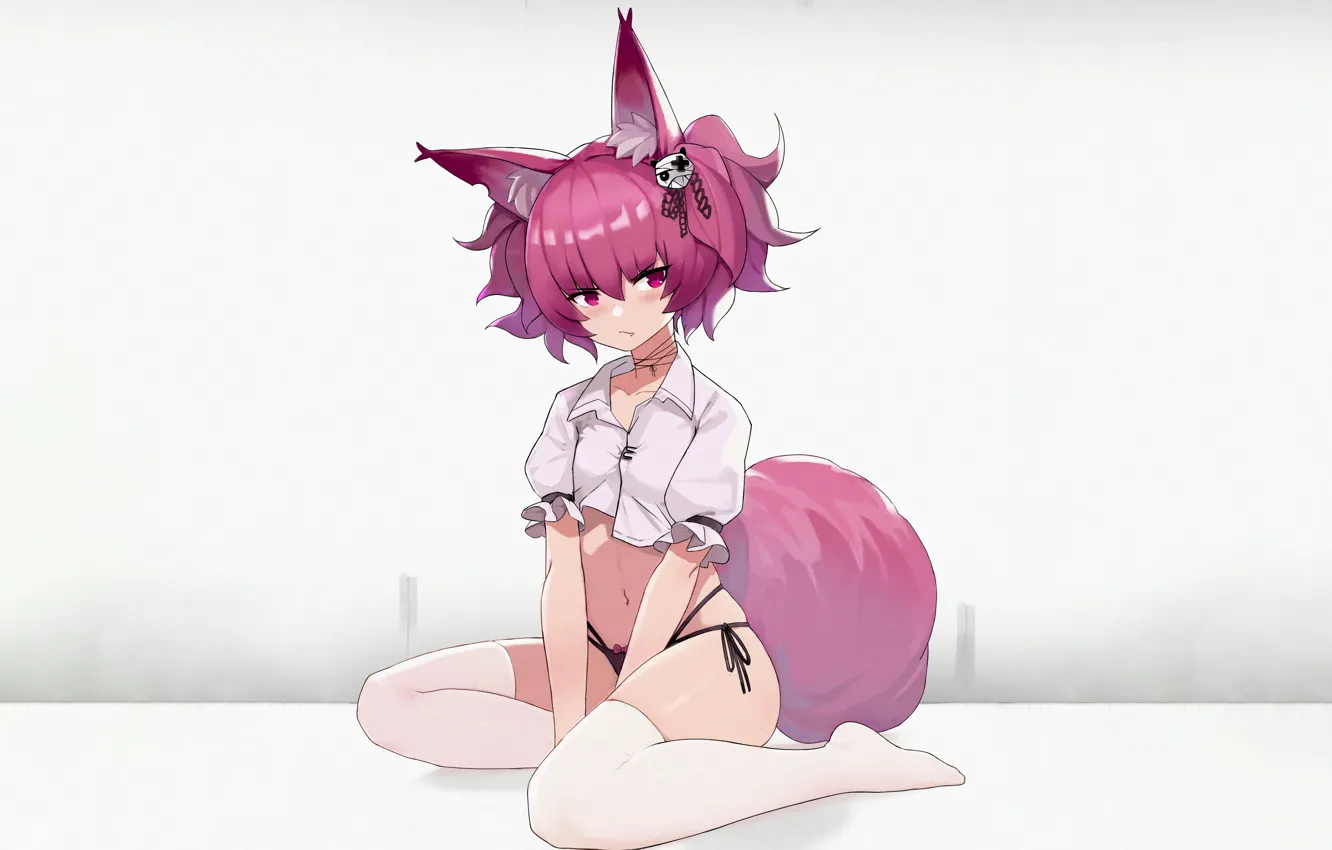 Photo wallpaper girl, sexy, lingerie, blouse, panties, thighhighs, pink hair, legs