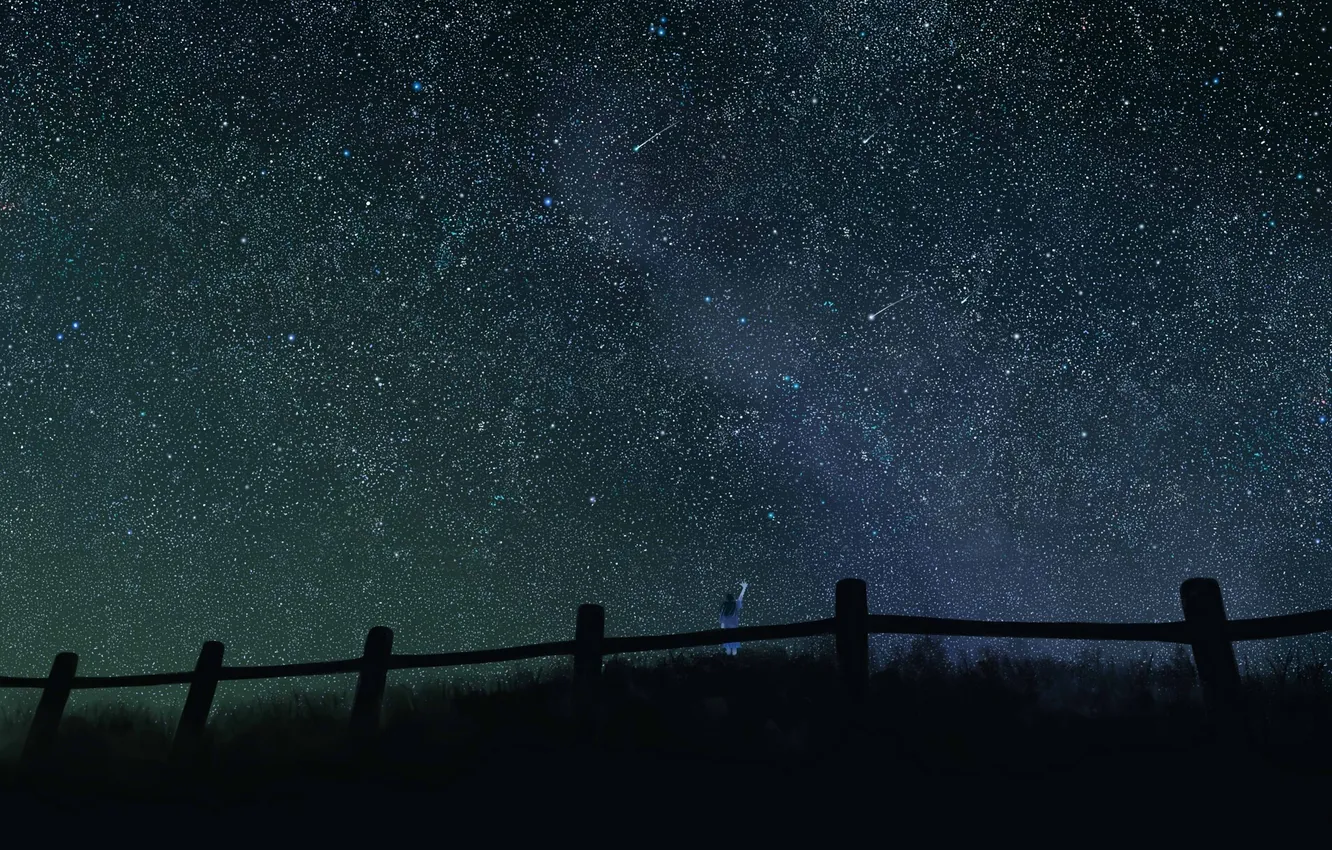 Photo wallpaper the sky, girl, stars, night, the fence, anime, art, mutsuki hikari