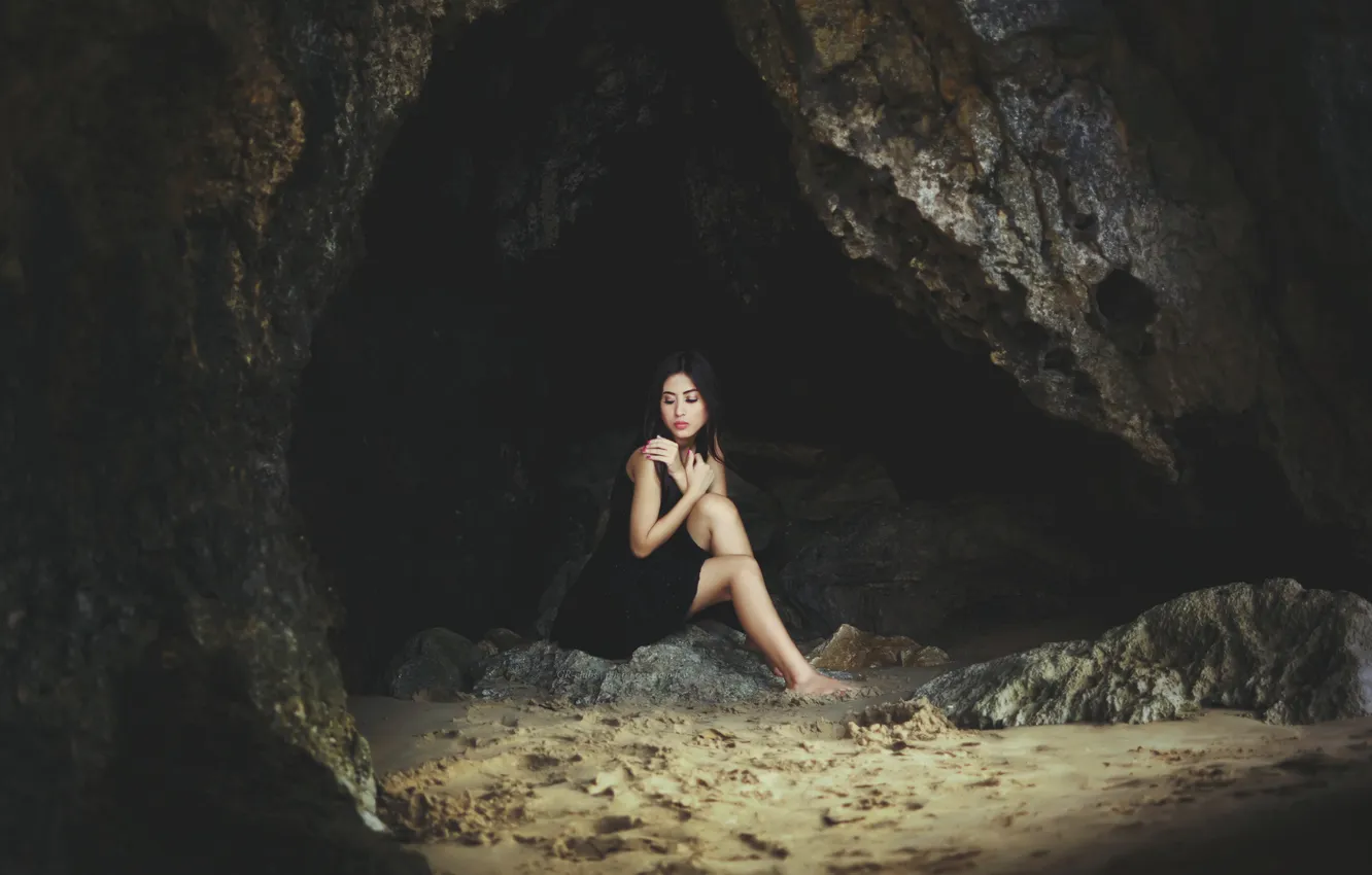 Photo wallpaper girl, pose, dress, cave, sitting