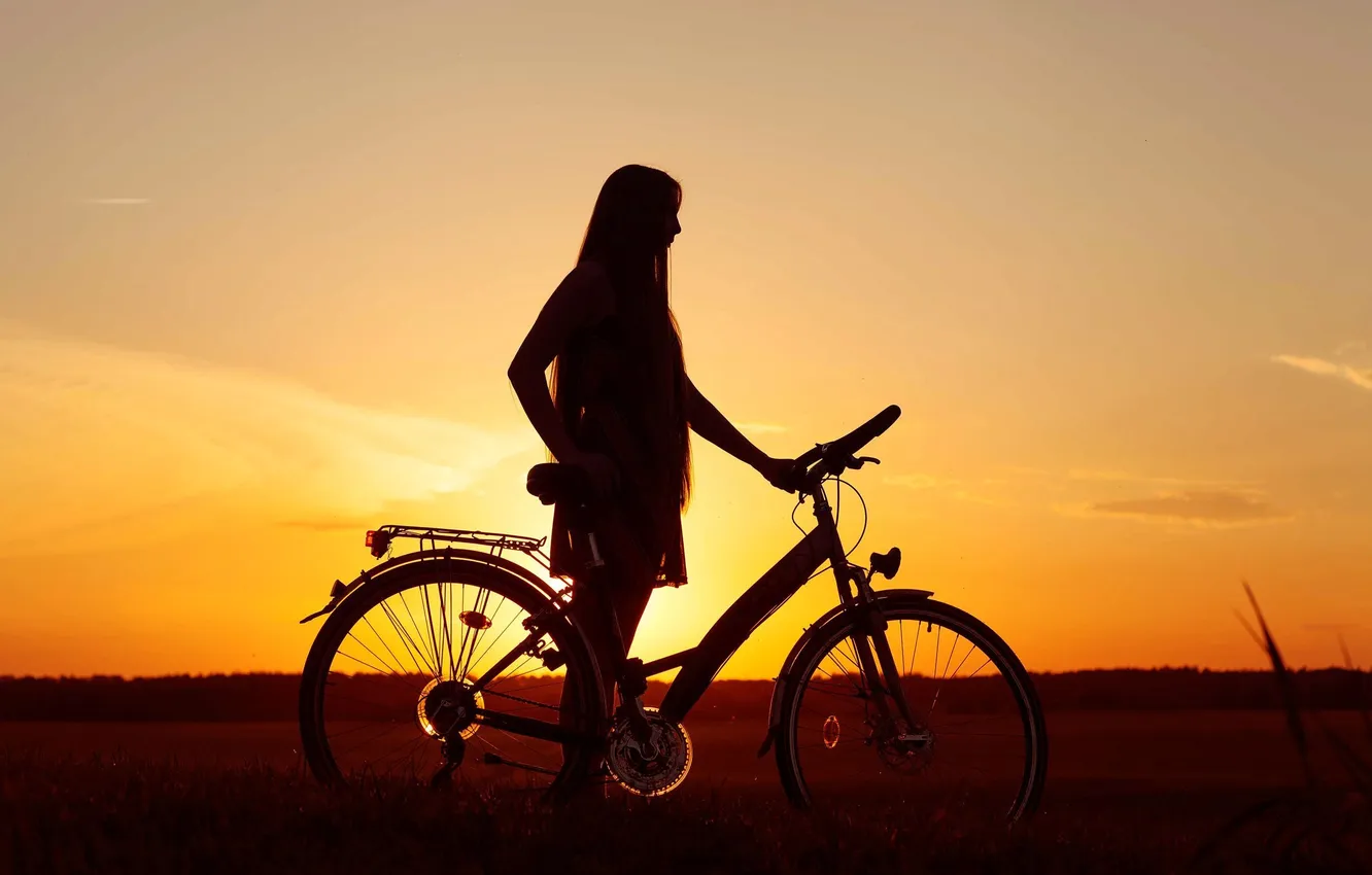 Photo wallpaper field, the sky, girl, sunset, bike, background, mood, stay