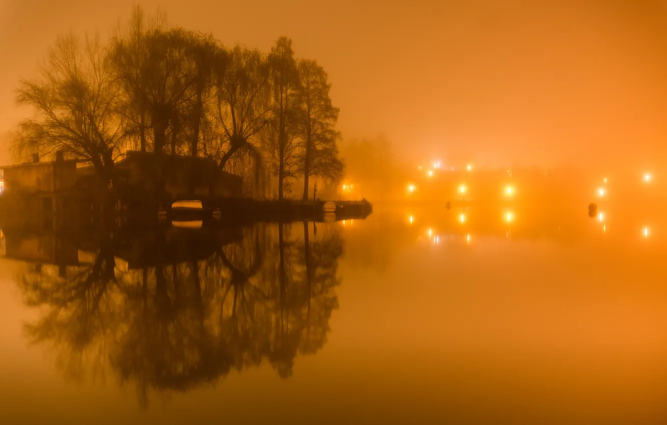 Photo wallpaper light, night, lights, fog, lake, island, home