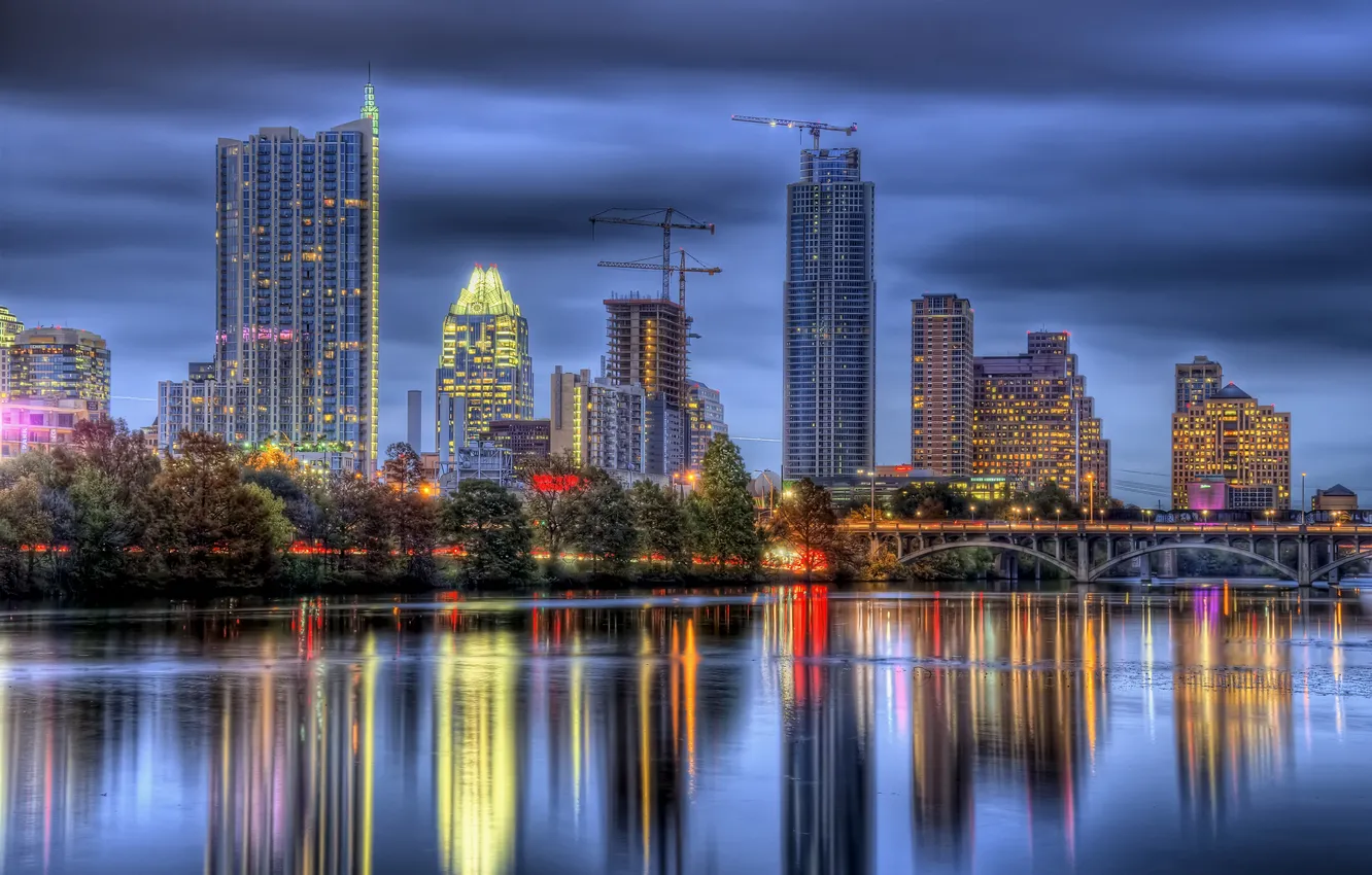 Photo wallpaper the sky, clouds, trees, bridge, lights, reflection, home, the evening