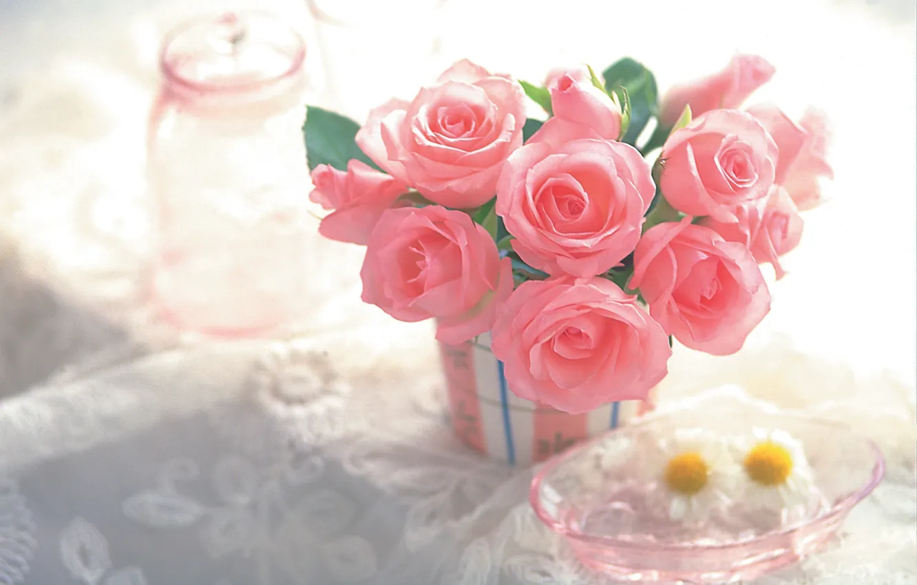 Photo wallpaper decoration, flowers, roses, pink, rose, pink, flowers, decorations