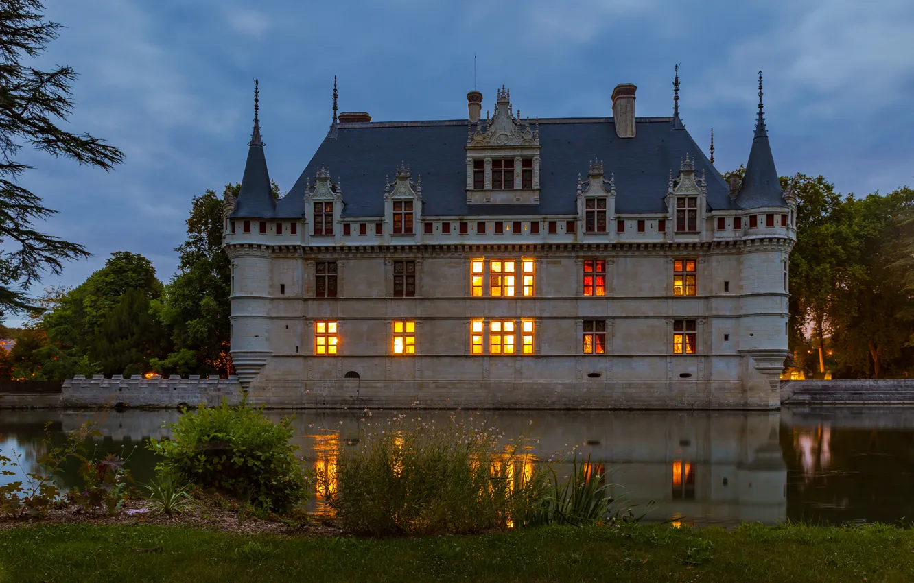 Photo wallpaper the sky, grass, trees, lights, pond, castle, France, the evening