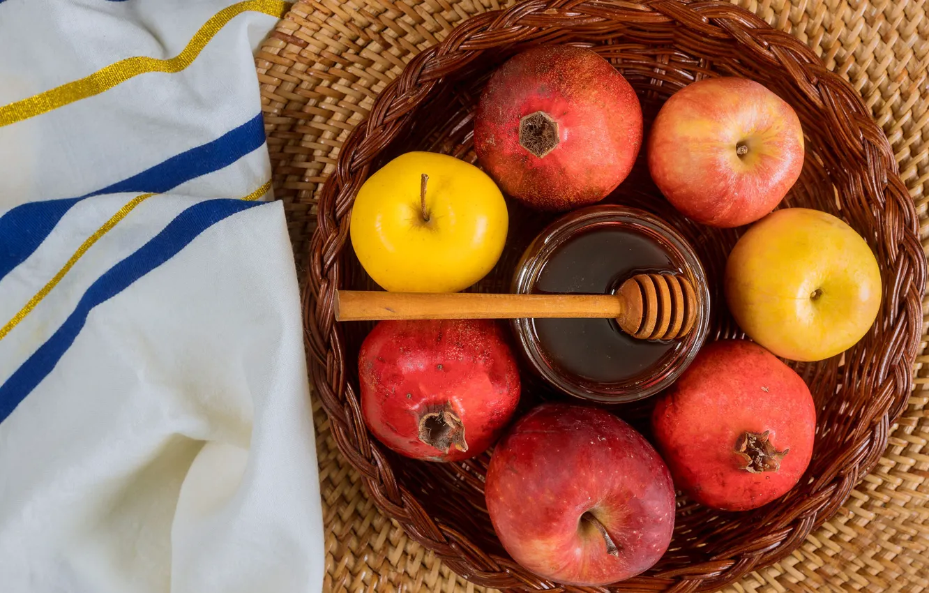 Photo wallpaper apples, food, towel, honey, fruit, network, garnet