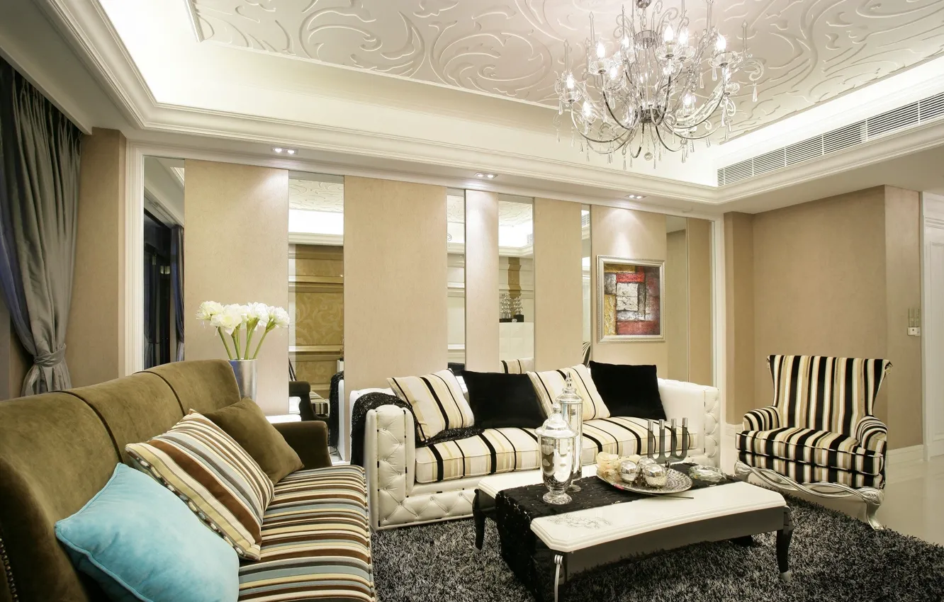 Photo wallpaper flowers, sofa, interior, pillow, chandelier, table, living room