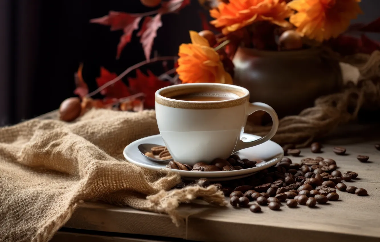 Photo wallpaper the dark background, table, Board, coffee, mug, Cup, drink, placer