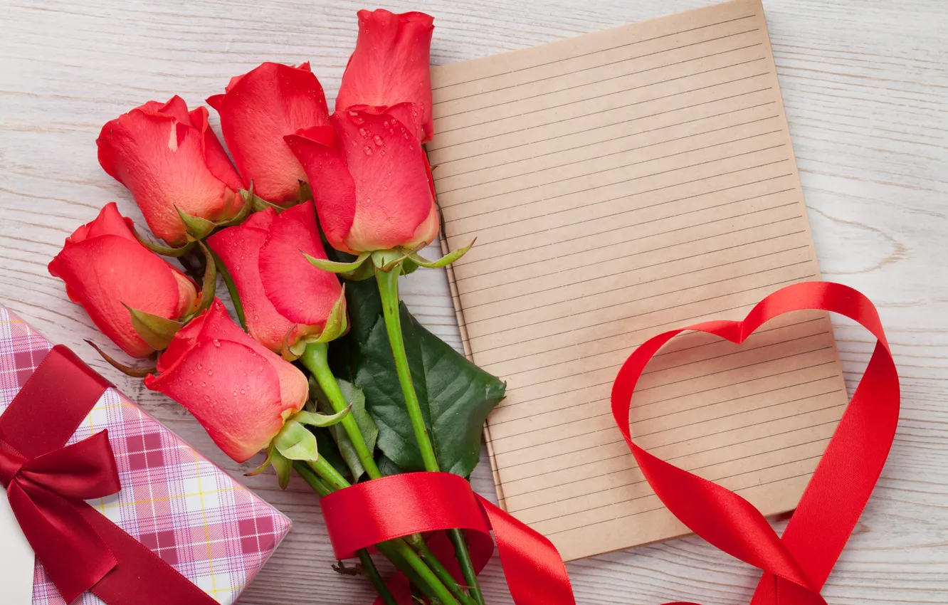 Photo wallpaper love, flowers, gift, romance, roses, love, Valentine's day, wood