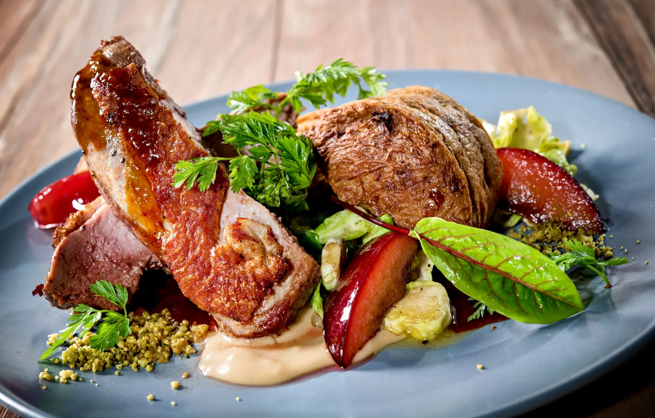 Photo wallpaper greens, food, vegetables, delicious, meat baked