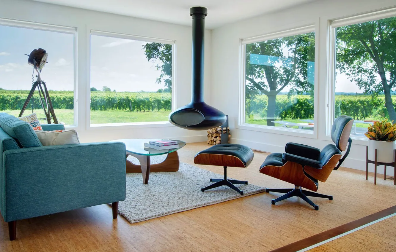 Photo wallpaper interior, fireplace, retro style, living room, vineyard house, midcentury modern style