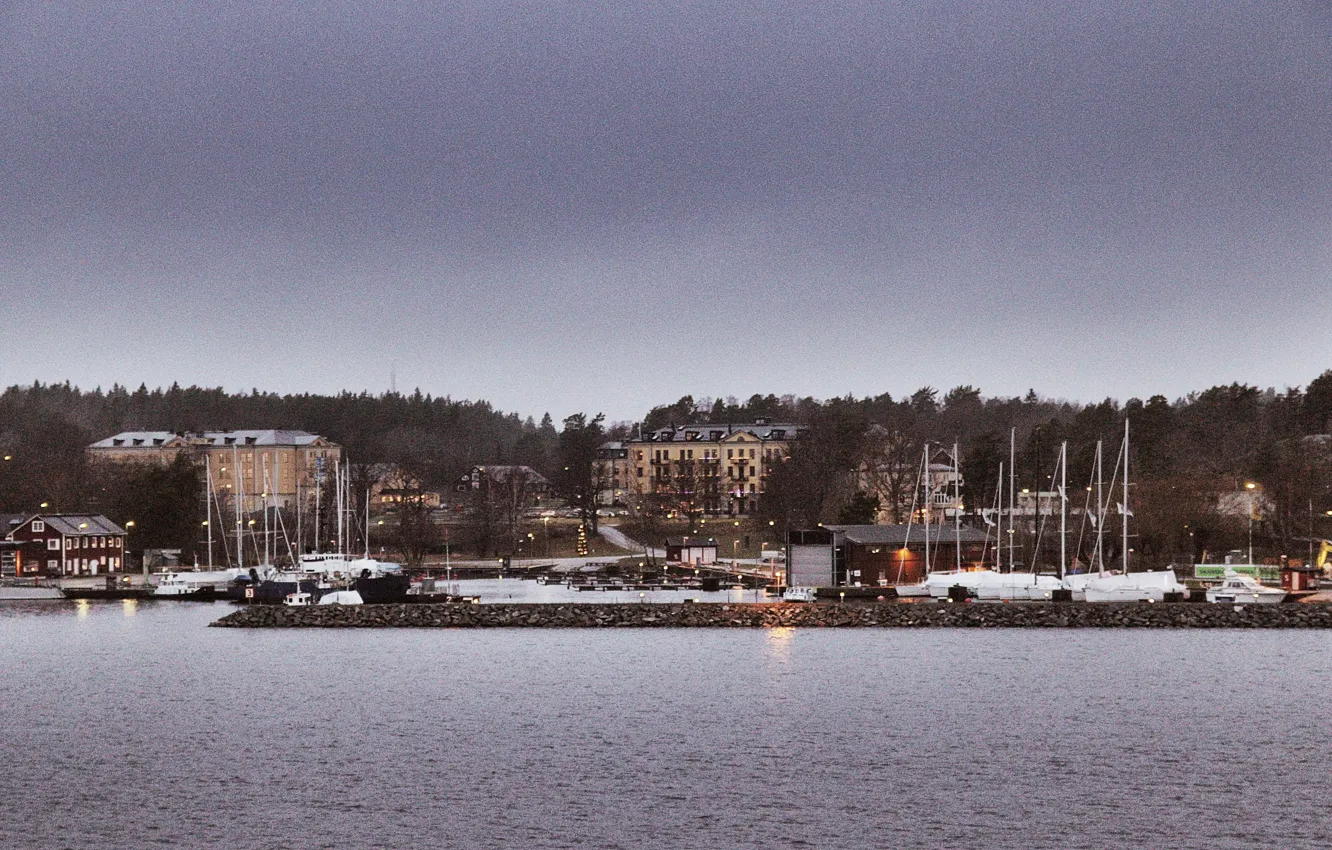 Photo wallpaper sea, trees, night, lights, island, home, Sweden