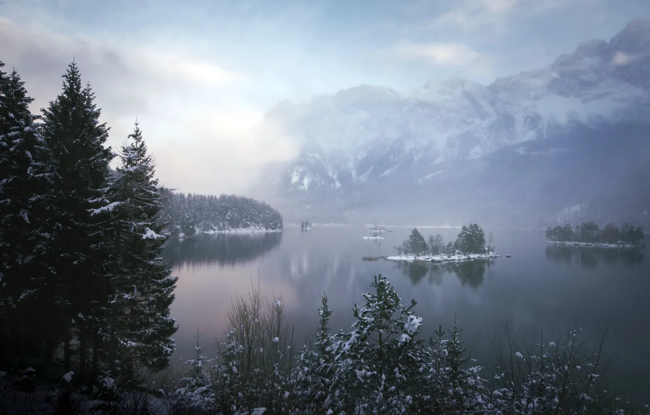 Photo wallpaper winter, mountains, fog, lake