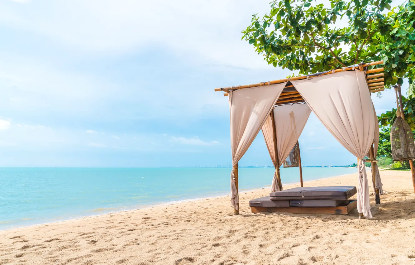 Photo wallpaper sand, sea, beach, summer, the sky, the sun, palm trees, shore