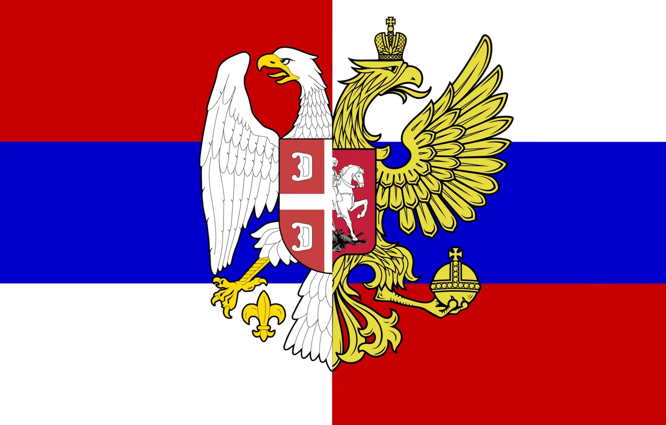 Photo wallpaper Flag, Tricolor, Coat of arms, Russia, Serbia, Brotherhood, The eagles