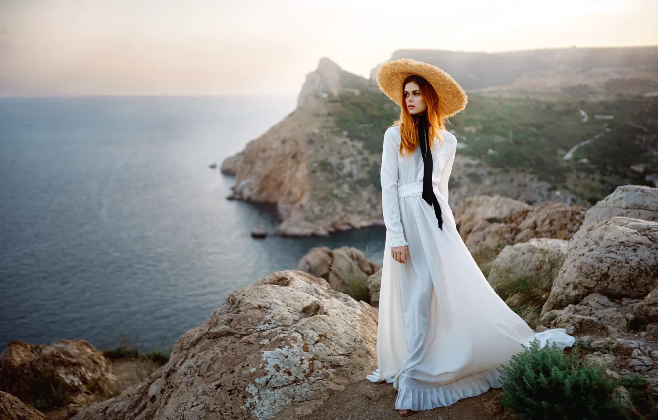 Photo wallpaper sea, girl, rocks, hat, dress, George Chernyadev, Georgy Chernyadyev, Victoria Ageeva