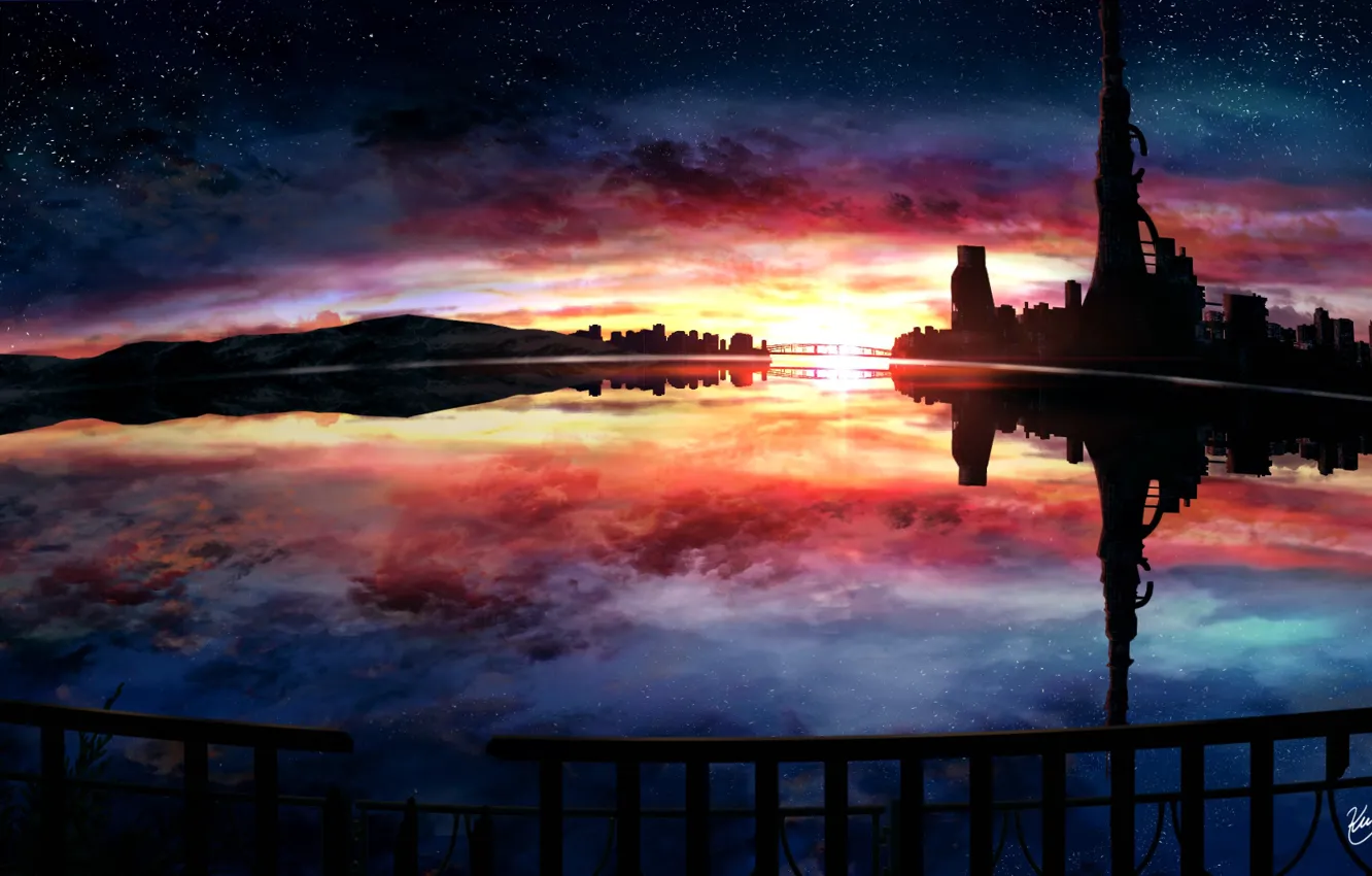 Photo wallpaper water, sunset, the city, fantasy