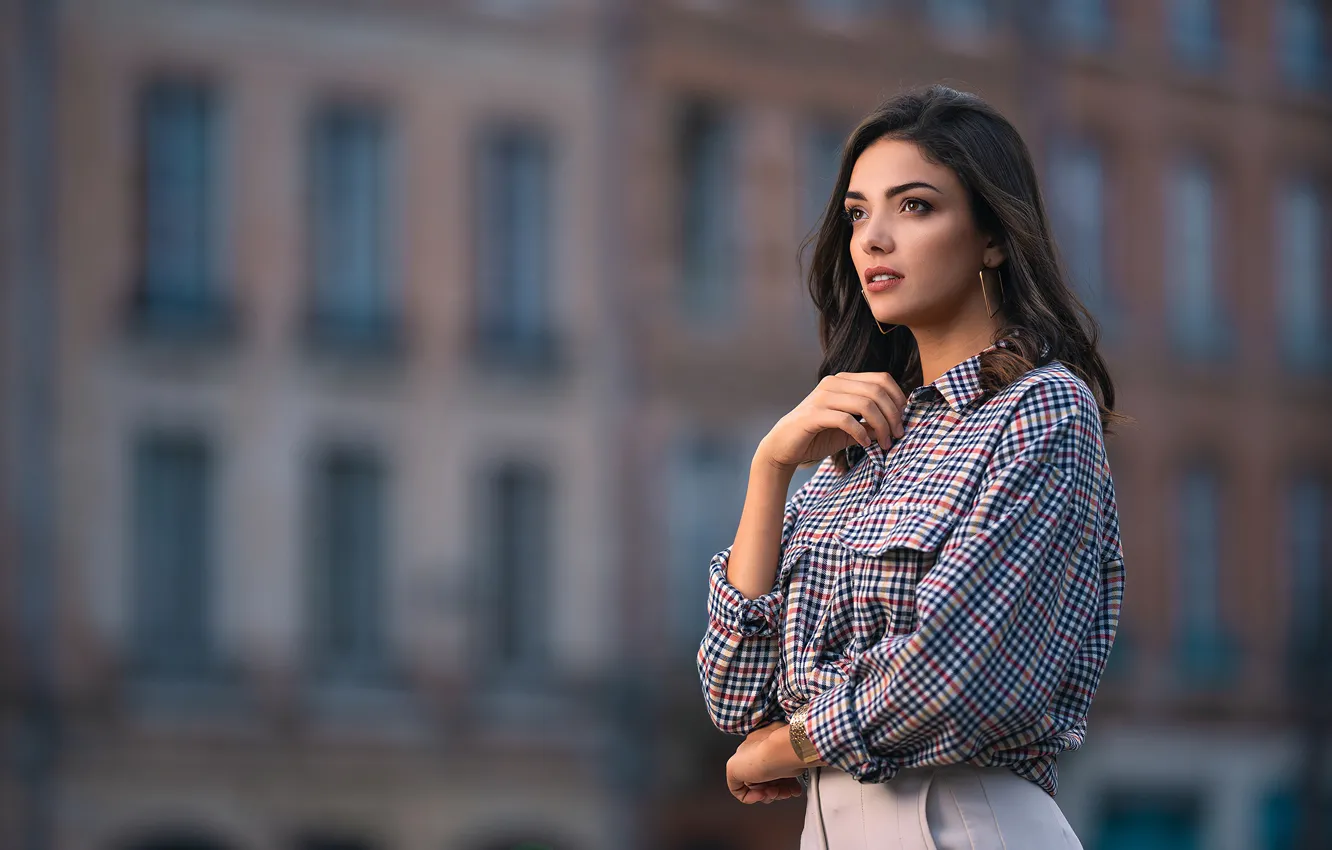 Photo wallpaper look, girl, decoration, pose, model, building, shirt, beautiful