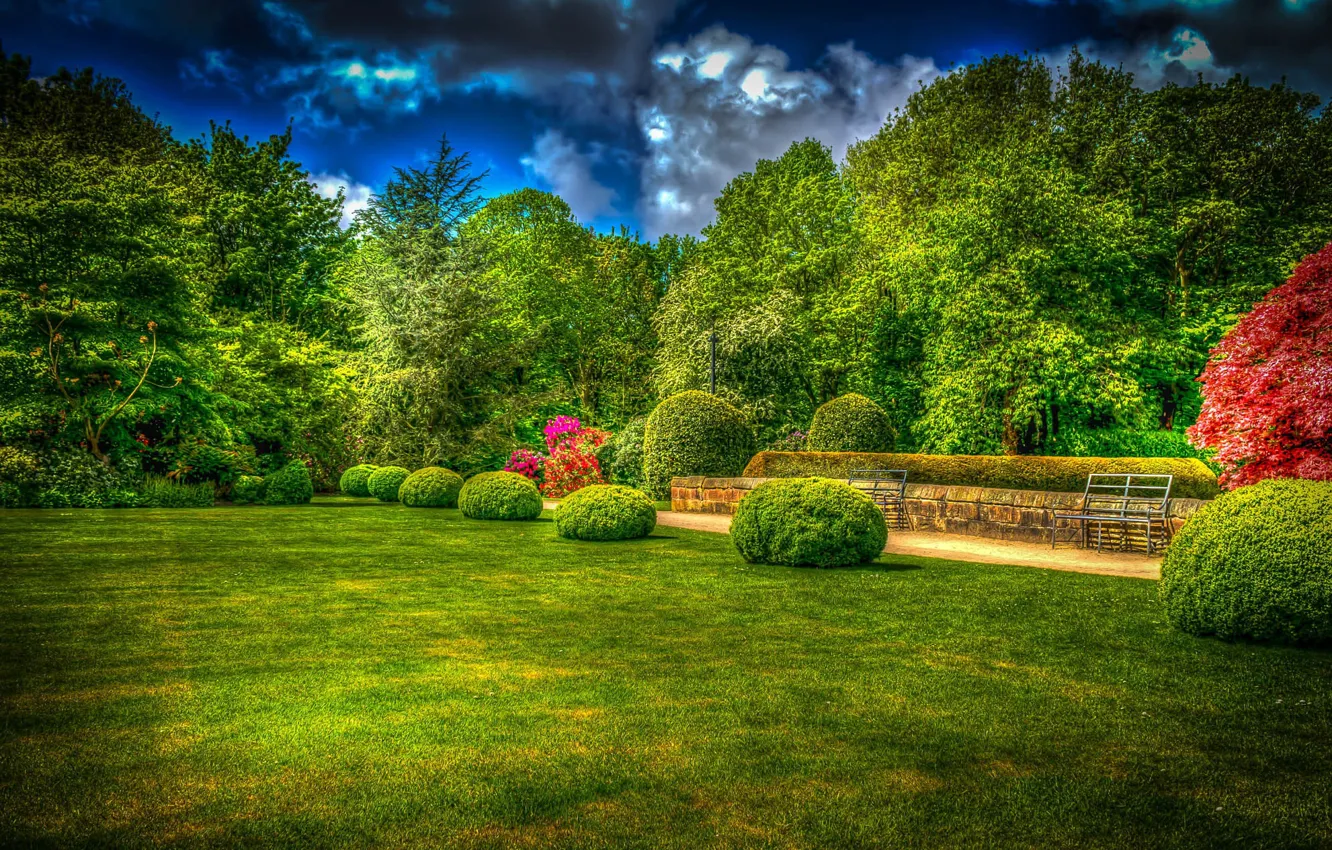 Photo wallpaper greens, grass, the sun, clouds, trees, bench, design, lawn