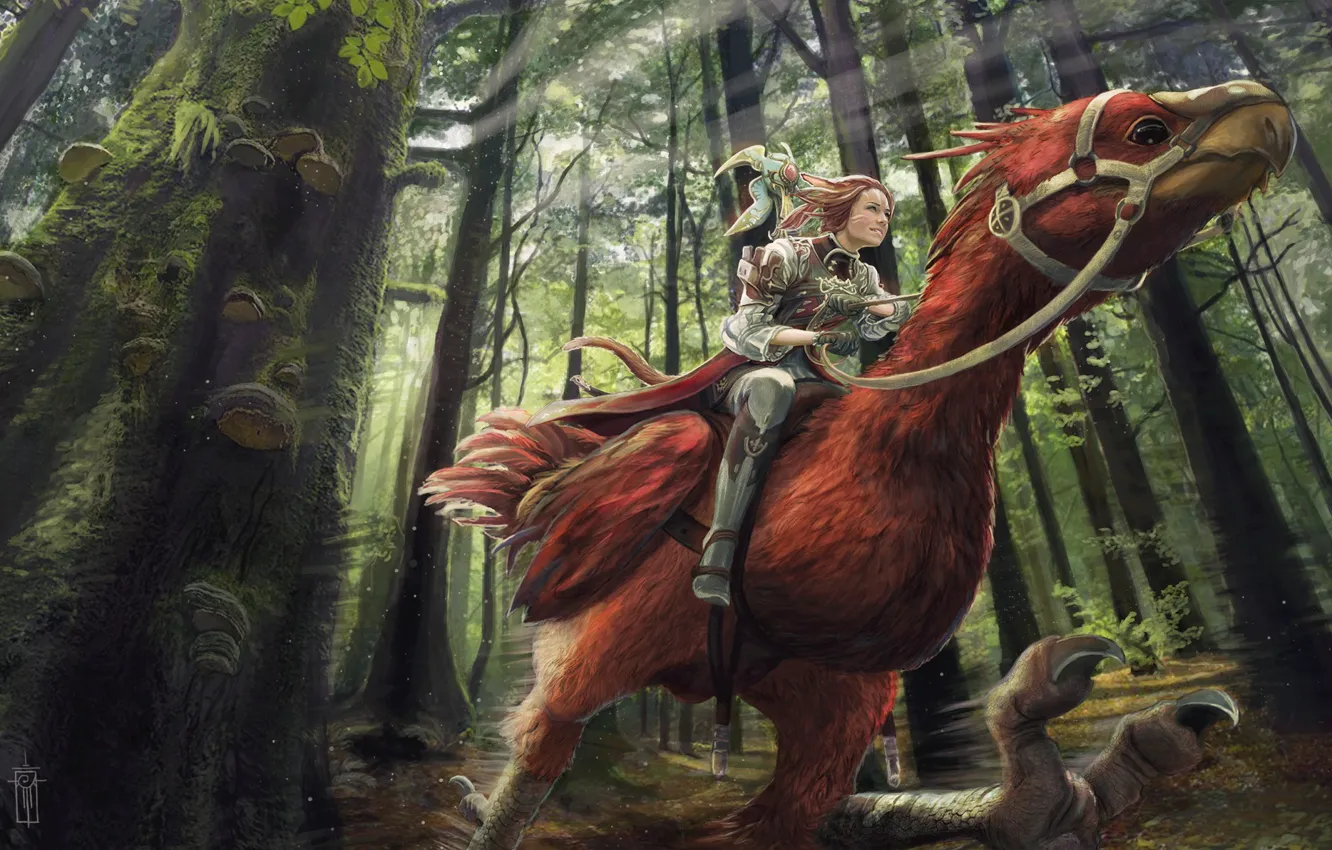 Photo wallpaper forest, girl, trees, bird, transport, art