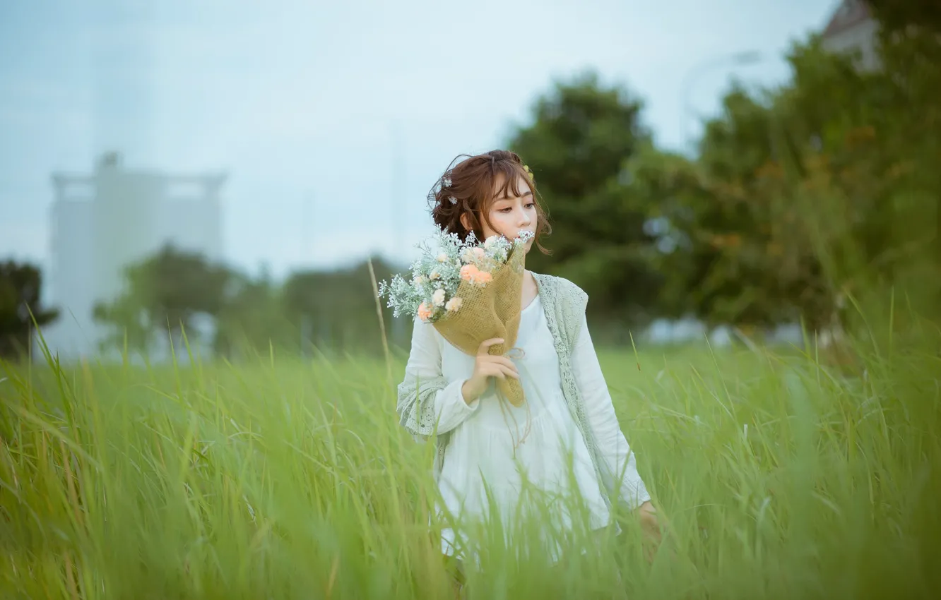 Photo wallpaper grass, girl, bouquet, Asian
