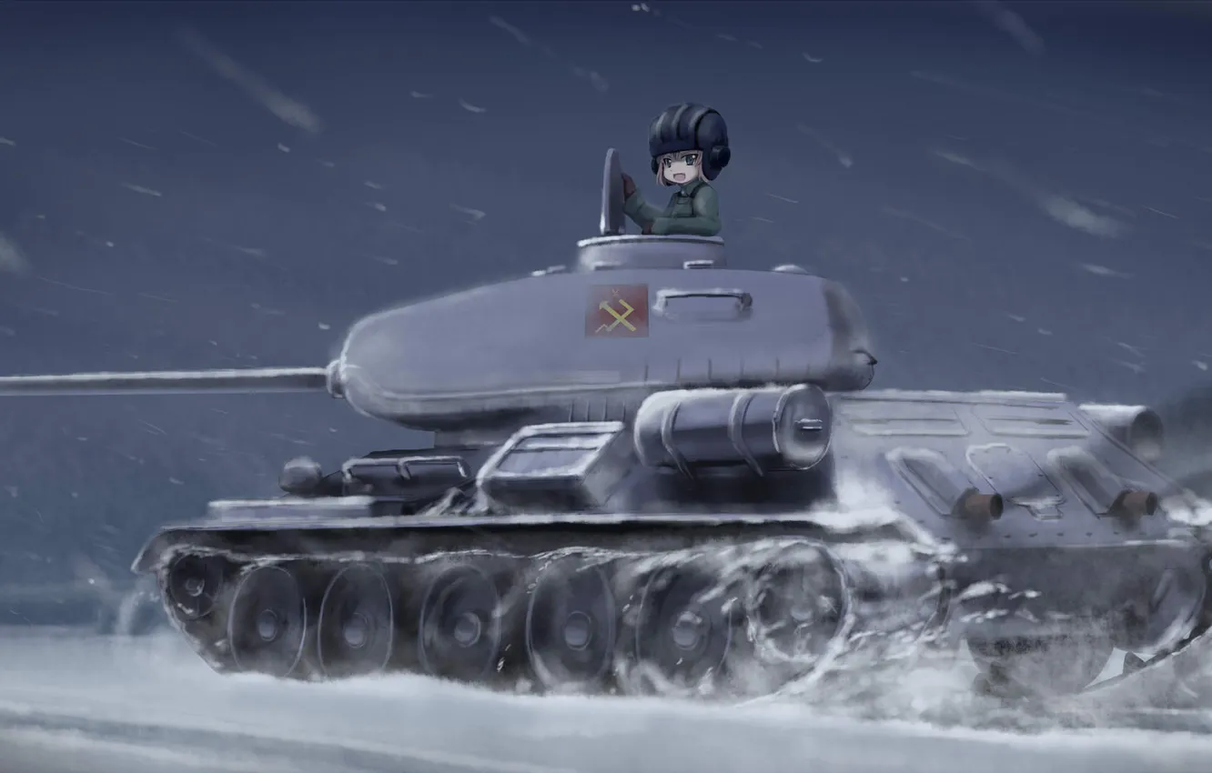 Photo wallpaper winter, look, girl, tank, Blizzard, art, tankers, Girls and Panzer